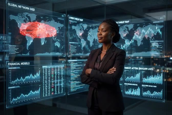 An analyst reviewing holographic network, threat-map, and financial panels in a dark operations room.